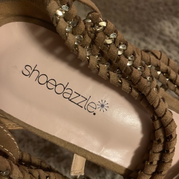 ShoeDazzle Raenetta. Tan Strappy Faux Suede Heels - Picture 7 of 7